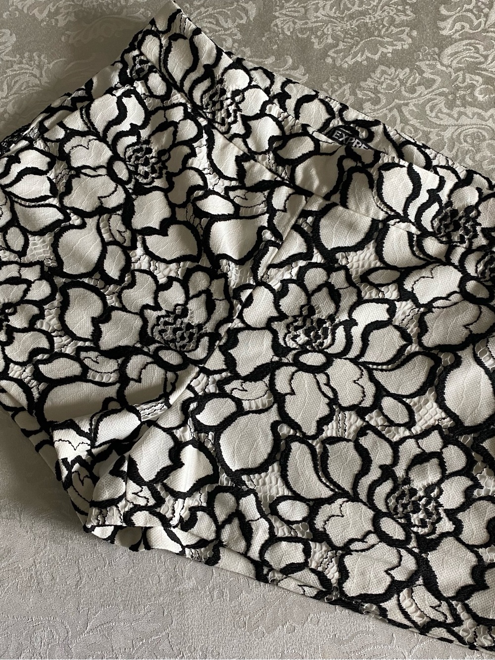 Express White Shorts with Black Floral Lace Overlay
